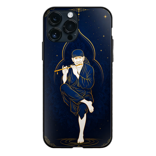 God Sai Baba Playing Flute Gold Line Art Dark Blue glass phone case