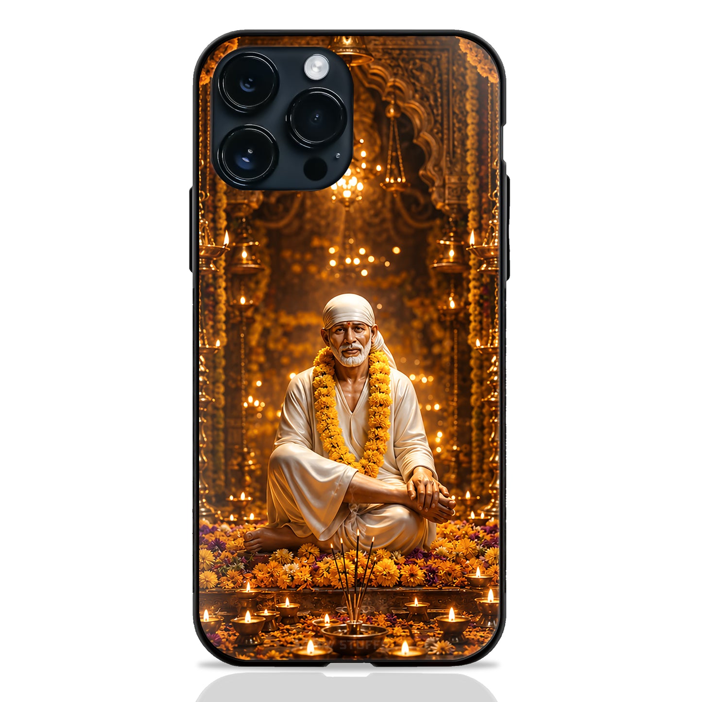 God Sai Baba Seated Diya Marigold Golden Temple Glass Case