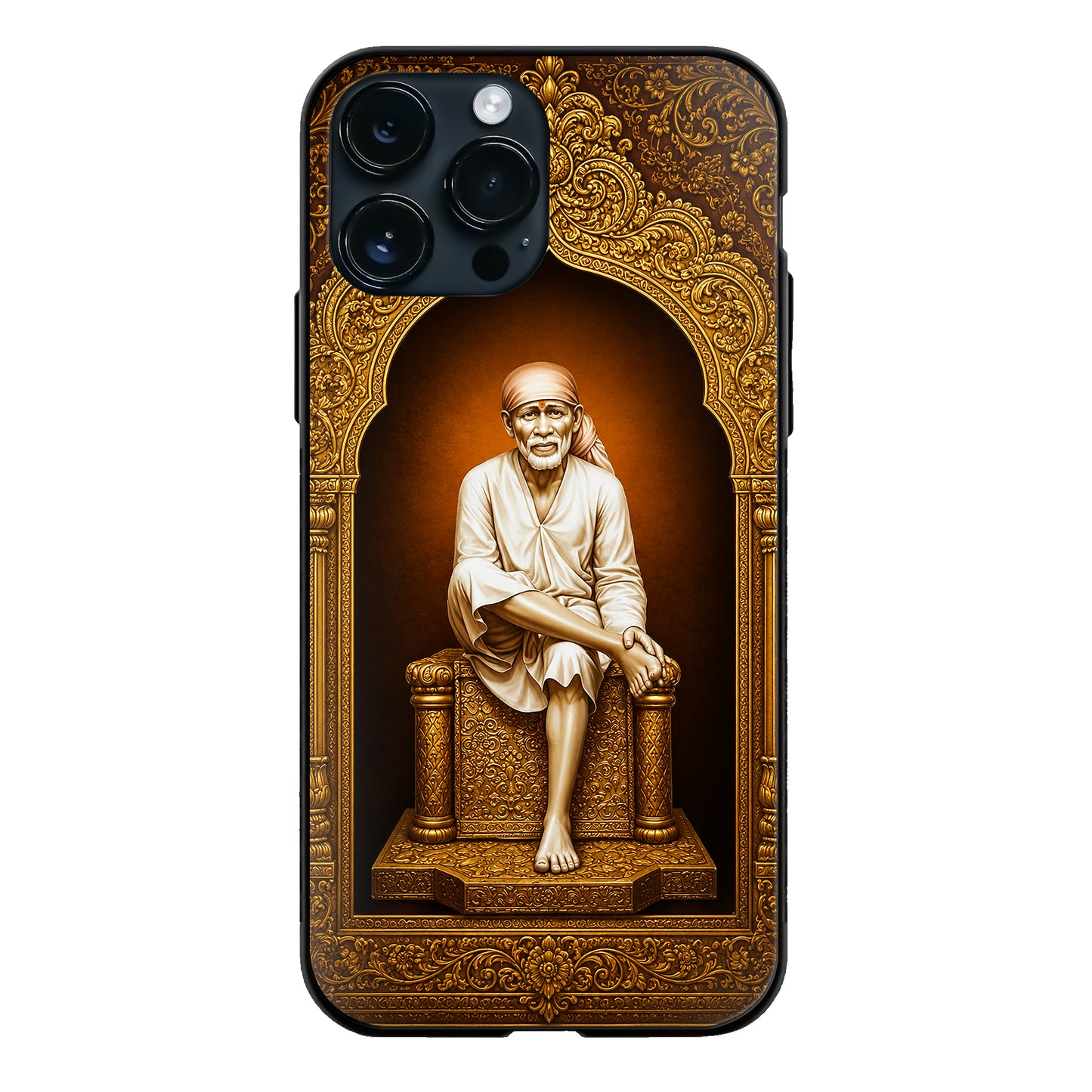 God Sai Baba Seated Golden Temple Arch White Glass Case