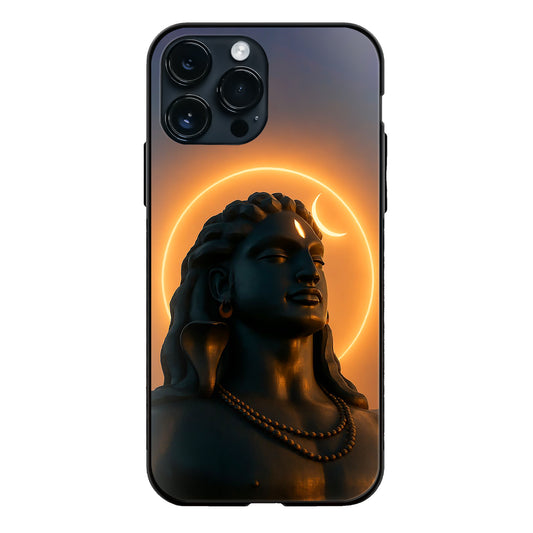 God Shiva Adiyogi Statue Glowing Halo Sunset Orange Glass Case