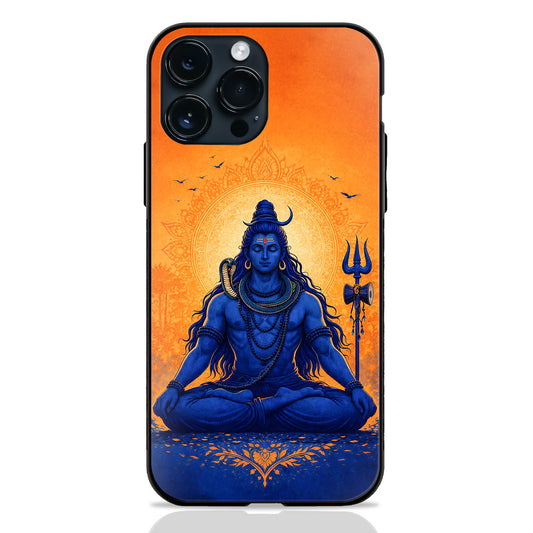 God Shiva Meditating Blue Orange Trishul Sky Glass Case