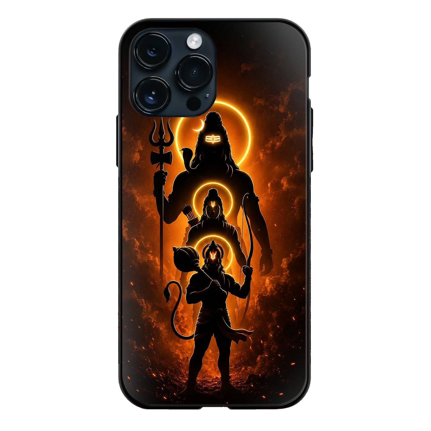 God Shiva Rama Hanuman Trinity Silhouette Fire Glass Case