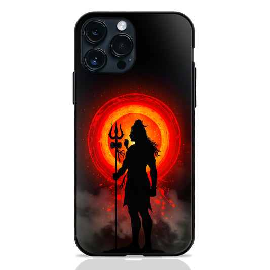 God Shiva Silhouette Trishul Glowing Red Sun Dark Glass Case
